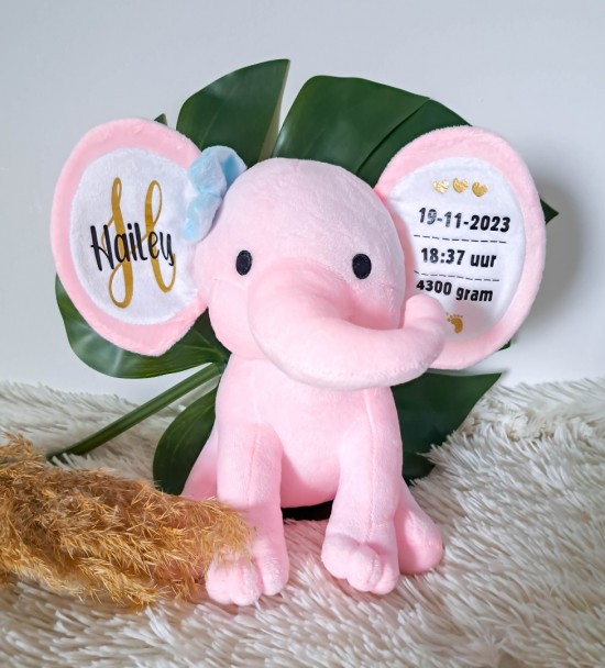 Geboorteknuffel met naam roze met geboortedatum Gifts by M