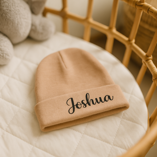 Babymutsje met naam bruin camel baby kraamcadeau gifts by m