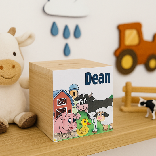 Boerderij spaarpot met naam gepersonaliseerd houten kraamcadeau dieren gifts by m