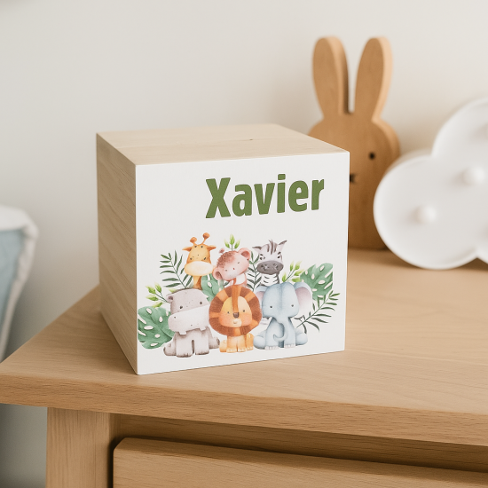 Dieren spaarpot met naam eerste centjes kraamcadeau jungle gifts by m