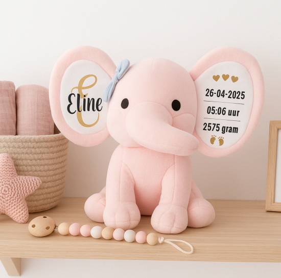 Geboorte knuffel met naam olifant roze meisje kraamcadeau gifts by m