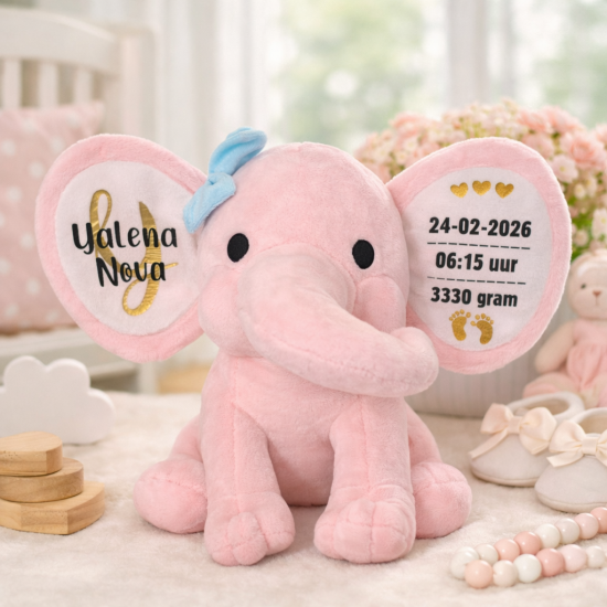 Geboorte knuffel olifant roze gepersonaliseerd kraamcadeau gifts by m