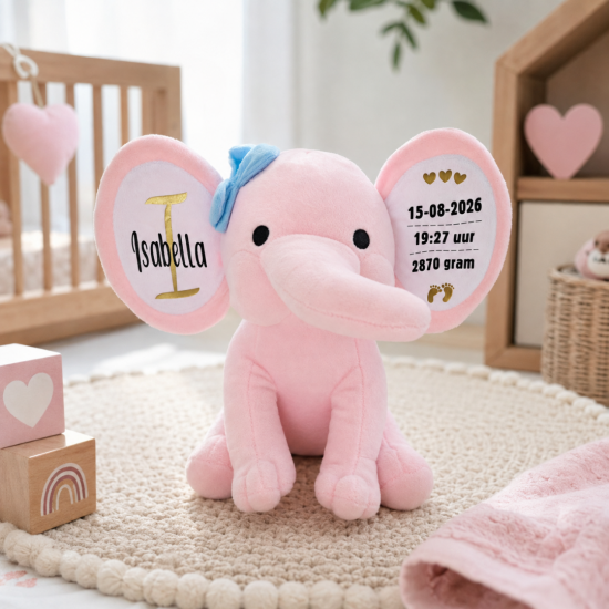 Geboorteknuffel isabella roze olifant kraamcadeau gepersonaliseerd
