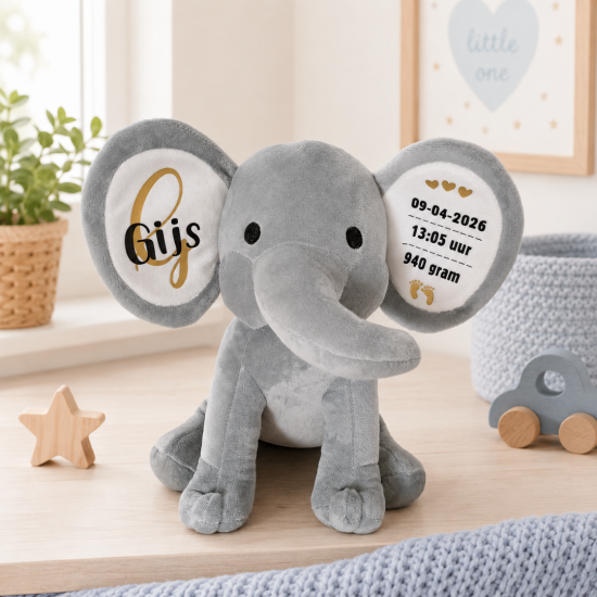 Geboorteknuffel olifant grijs met naam gepersonaliseerd gifts by m