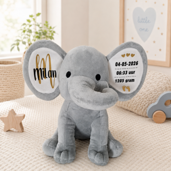 Geboorteknuffel olifant grijs met naam kraamcadeau gifts by m