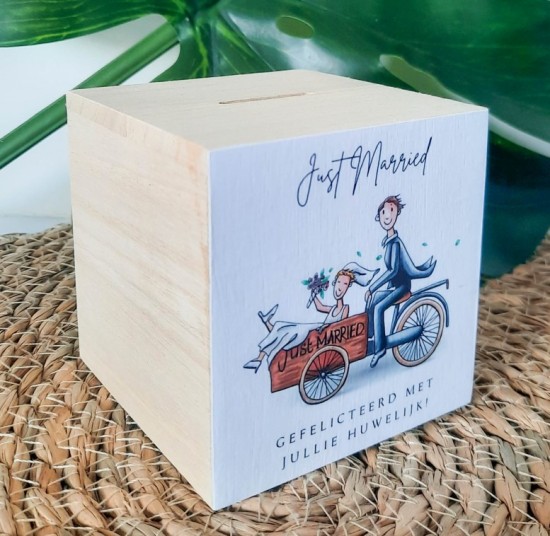 Houten spaarpot bakfiets huwelijk cadeau