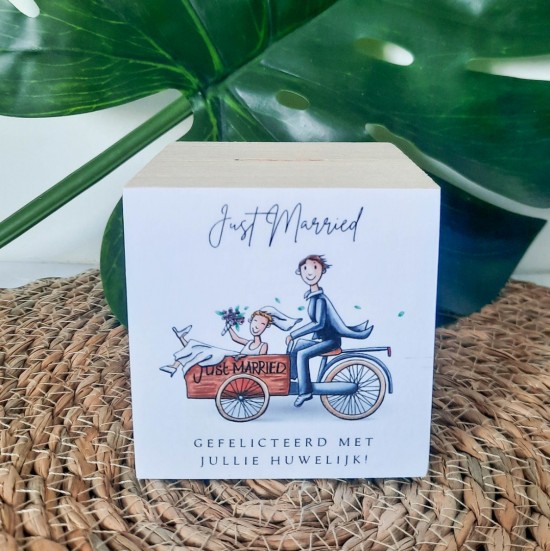 Houten spaarpot bruiloft cadeau