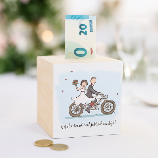 Houten spaarpot huwelijk bruiloft bruidspaar motor geld cadeau huwelijksdag