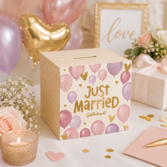 Houten spaarpot just married bruiloft huwelijksfeest geld cadeau