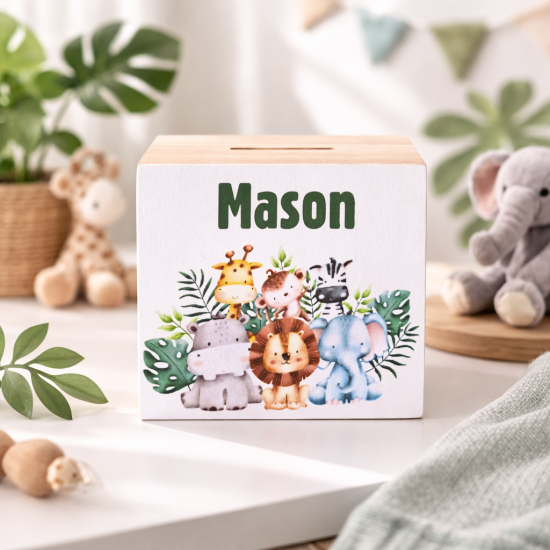 Houten spaarpot met naam dieren jungle mason leeuw jungle zebra