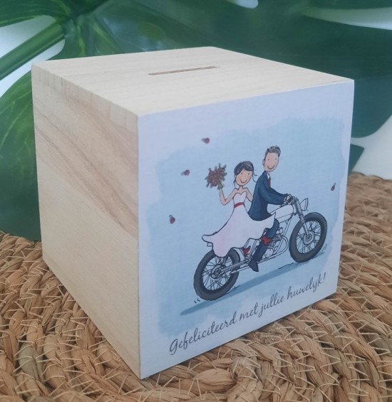 Houten spaarpot motor huwelijk cadeau