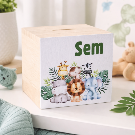 Houten spaarpot voor sem dieren jungle leeuw zebra giraffe