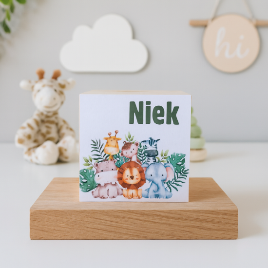 Jungle dieren spaarpot met naam leeuw giraffe zebra olifant geld eerste centjes gifts by m