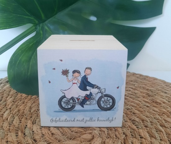 Motor huwelijk cadeau houten spaarpot