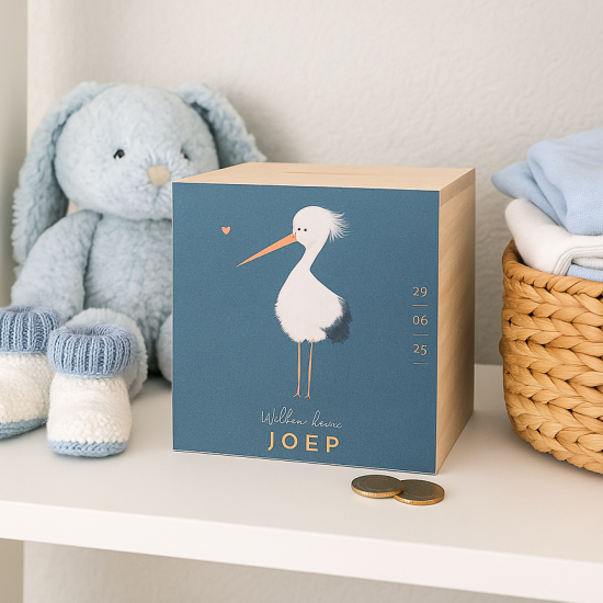 Spaarpot geboortekaartje hout jongen kraamcadeau gifts by m