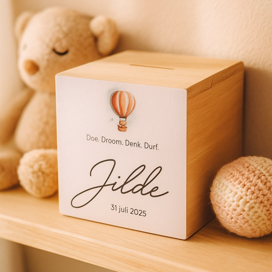 Spaarpot met geboortekaartje hout kraamcadeau gifts by m