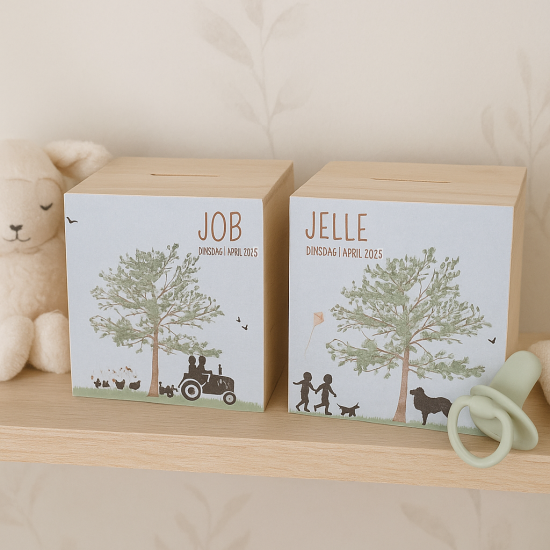 Spaarpot met geboortekaartje tweeling jongens kamer baby kraamcadeau