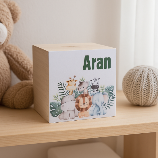 Spaarpot met naam dieren jungle leeuw zebra giraffe gifts by m