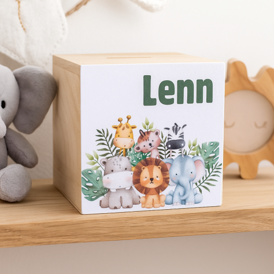 Spaarpot met naam jungle dieren koning zebra giraffe aap babykamer kraamcadeau
