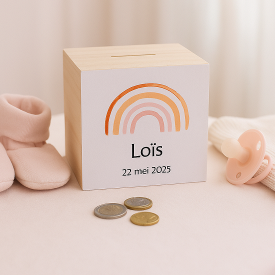 Spaarpot met naam regenboog geld eerste centjes kraamcadeau baby gifts by m