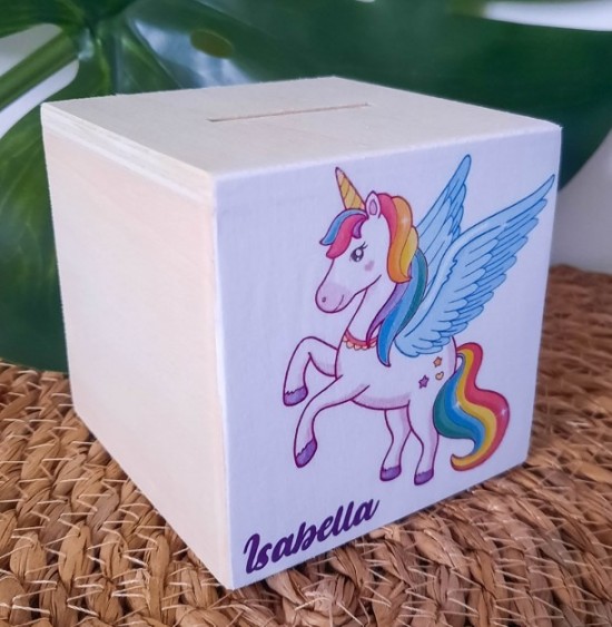 Unicorn houten spaarpot met naam
